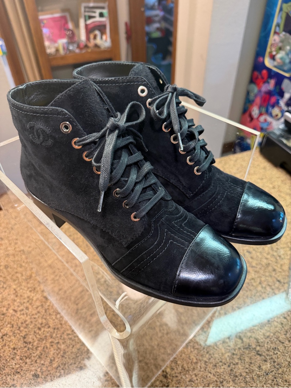 CHANEL Black Suede and Leather Lace-Up Ankle Boots